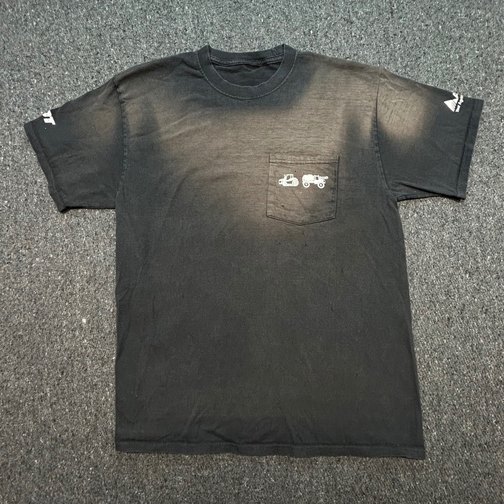 AGCO Farmer First TShirt Sz L Mens Black Sun Faded Grunge Distressed Pocket